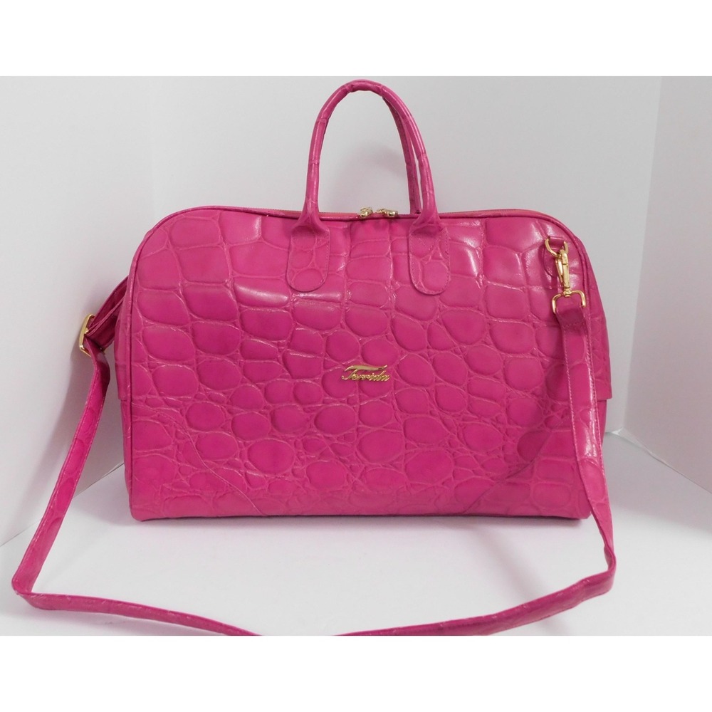 Terrida Embossed Italian Pink‎ Leather Croc Print Business Duffle Weekender Bag